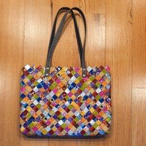 Nahui Ollin Artisan Colorful Woven Candy & Gum Wrapper 16.5 X 13 inch Tote Bag